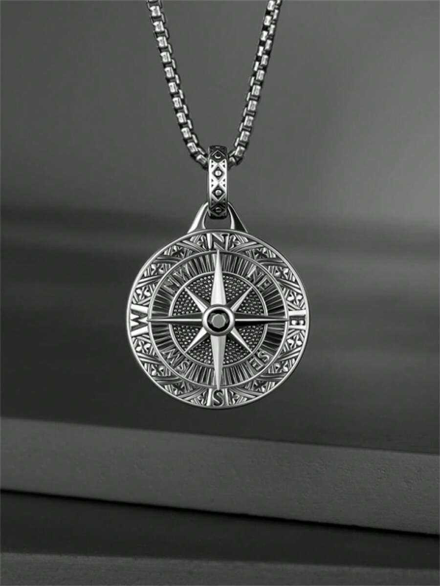 1件新款复古时尚雕刻指南针吊坠男士项链街头时尚朋克派对饰品 - 時尚 - 查看 1
