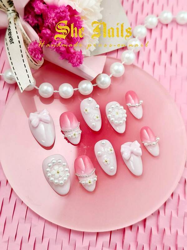 Christmas Nails DIY 10pcs Almond Medium Long Handmade Acrylic Press On Nails Nail Supplies Glitter White Nails Gold Nails Red Nails Green Nails French Tip Pink Nails Christmas Style Paired With Gold Hand-Painted 3D Ladybug Snowflake Patterns, Gold Metal Nail Surface Paired With Metal Beads, Diamonds, 3D Bows, And Pearl Decorations Suitable For Chiristmas Parties Wear With Free Gel Sticker Nail File.