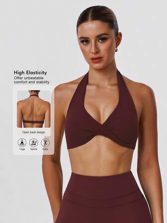 Sodalemon Sujetador deportivo para mujer con cuello en V acolchado, unicolor, para yoga y actividades casuales