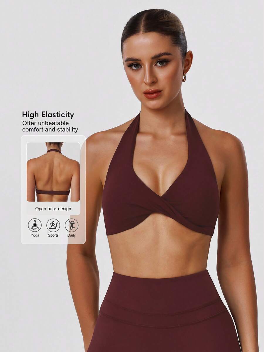 Sodalemon Women's Twist Back Workout Top, V-Neck Padded Solid Color Yoga Casual Sports Bra Spring - 紫色 - 查看 1