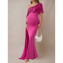 拼接纯色不对称/不对称亮片拼接拉链正式晚礼服孕妇装