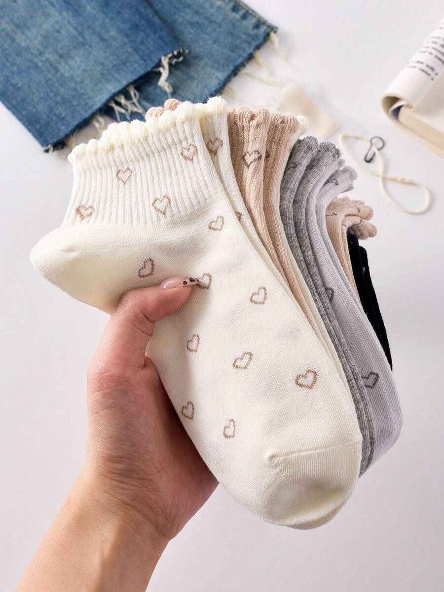 5 Paar Damen Socken mit Blumen- und Schleifen-Muster, knöchellang, für alle Jahreszeiten geeignet, zufällige Farben - Verschiedenfarbig - Übersicht 1