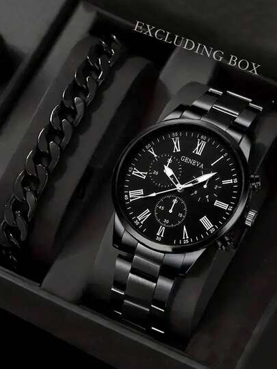 Set de 2 relojes de cuarzo minimalistas y casuales para hombres, que incluye 1 reloj con correa de metal plateado estiloso y 1 pulsera a juego. La correa del reloj está hecha de metal plateado, combinada con una pulsera de eslabones cubanos. El diseño de múltiples esferas con números romanos muestra un aspecto elegante y refinado. Cómodo de llevar, adecuado para el uso diario y los desplazamientos laborales.