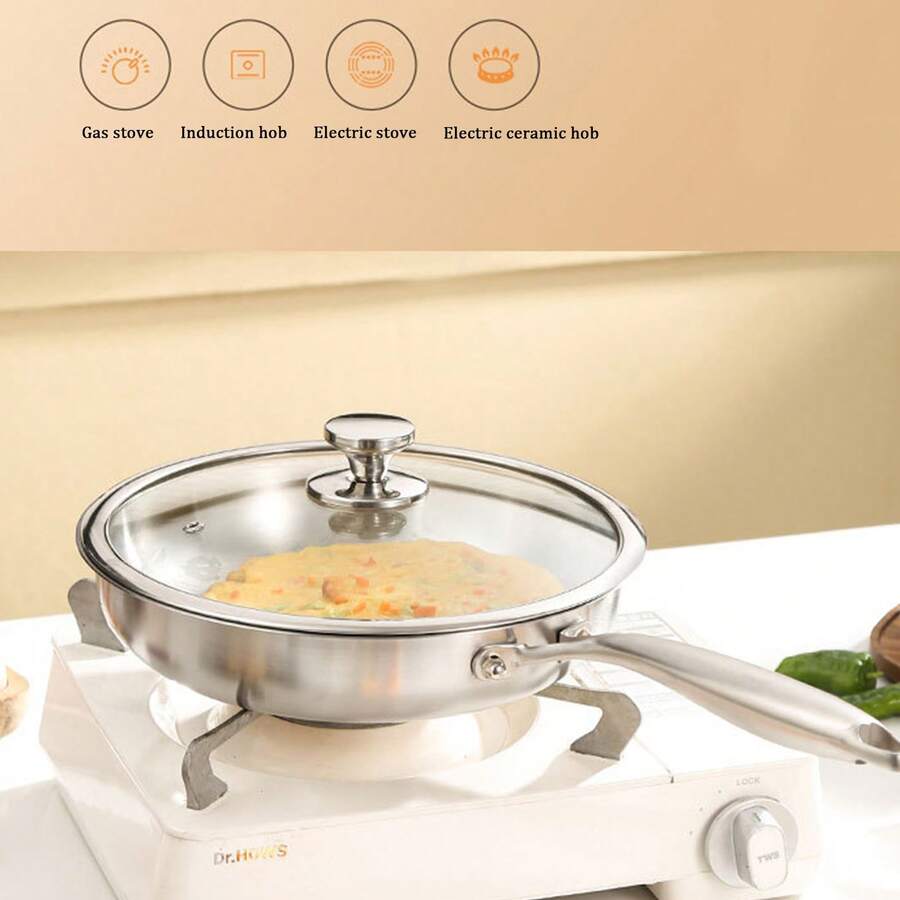 Sartén de acero inoxidable de 30 cm de grosor sin recubrimiento para freír huevos y bistecs, con propiedades de antiadherencia física. - Plateado - Ver 1