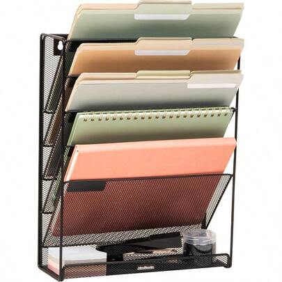 Mind Reader 5Tier Vertical File Storage Desktop Organizer Wall Mount Office Metal Mesh 12.75" L X 4" W X 16" H Black