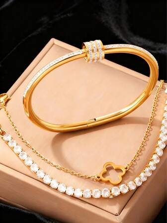 一套经典简约不锈钢四叶草链手链及手镯首饰套装，镶嵌玻璃珠网球链，精致腰链，适合各种场合或作为礼物送给朋友