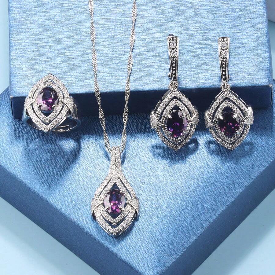 6-Colors Bridal Wedding Fashion Accessory Luxury Quality Colorful Cubic Zirconia Earrings And Necklace Open Ring For Women Jewelry Sets Preferred For Gift-Giving - Green - View 1