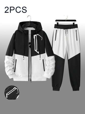 Men's Zip-Up Sports Suit - Patchwork Jacket And Drawstring Pants