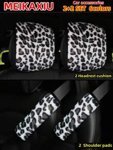 MEIKAXIU Winter Plush Rabbit Fur Coffee, Pink, Gray, White, Purple, Leopard Print Car Accessories Set, Including Steering Wheel Cover, Handbrake Cover, Gear Shift Cover, Armrest Pad, Headrest Cover, Handgrip Cover, Shoulder Pad, Suitable For Women - Leopard Print Plush - View 35