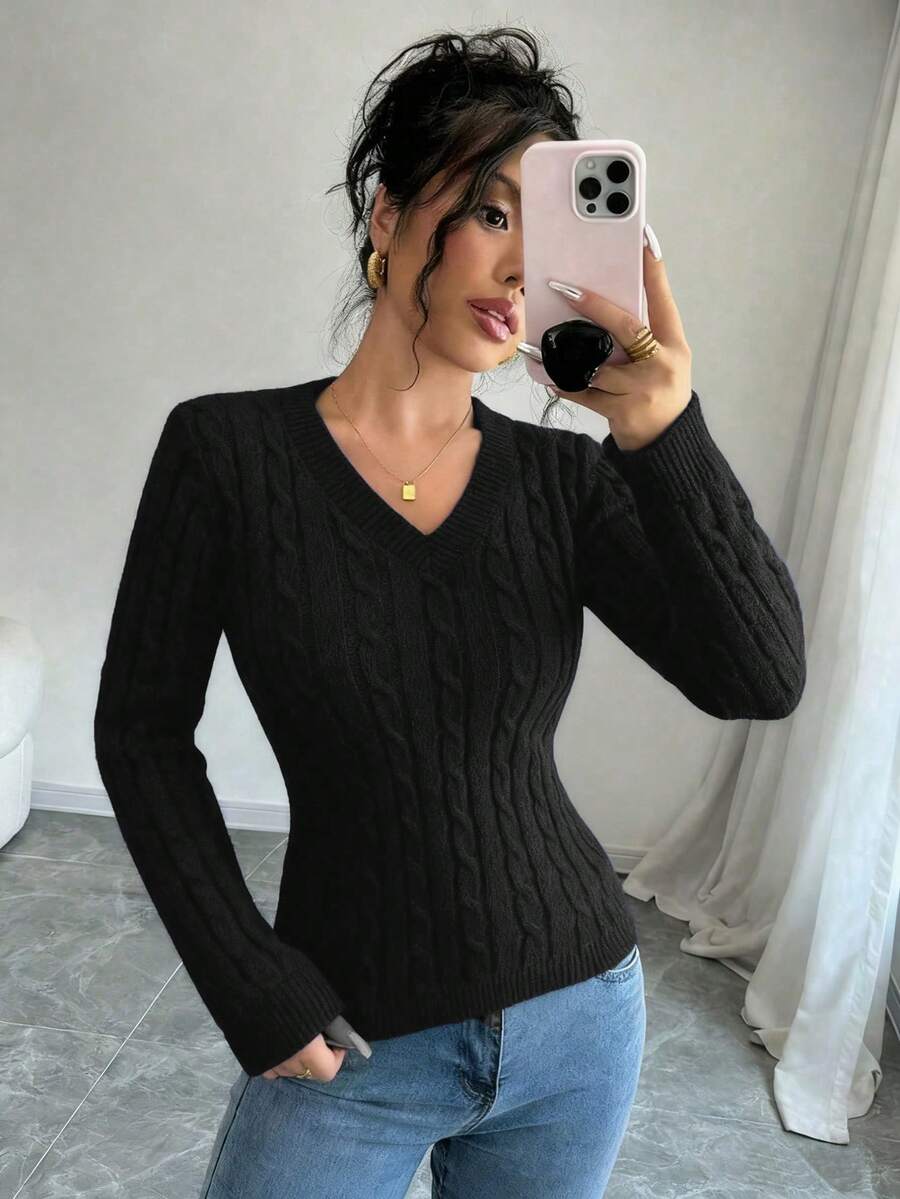1 pezzo Maglione lavorato a maglia semplice e monocromatico, comodo e casual, adatto per l'uso all'aperto, caldo e spesso, con scollo a V, adatto per primavera, autunno e inverno, per donne e ragazze - nero - Visualizzare 1