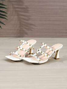 女士方头铆钉装饰舒适白色高跟凉鞋，时尚百搭派对套脚鞋 - 白色 - 查看 6