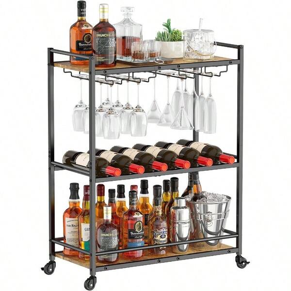 Bar Cart 3 Tier Serving Home Bar With Lockable Wheels Wine Rack And Glass Holders Rolling Drink Mobile Liquor Cart For Kitchen Dining Livingroom 24.9" X 11.8" X 32.1" Rustic Brown