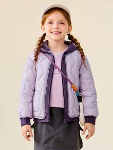 mini bala Young Girl Hooded Puffer Jacket, Contrast Design, Lightweight & Stylish Winter Coat - Hyacinth Purple - View 1