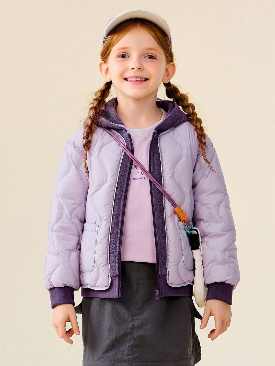 mini bala Young Girl Hooded Puffer Jacket, Contrast Design, Lightweight & Stylish Winter Coat - Hyacinth Purple - View 1