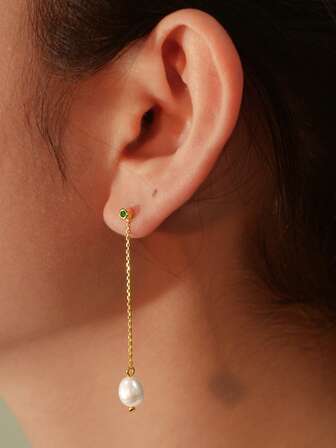 1 par de pendientes largos de plata de ley 925 con borlas y perlas naturales frescas y dulces, de estilo elegante europeo y americano, pendientes de alta gama