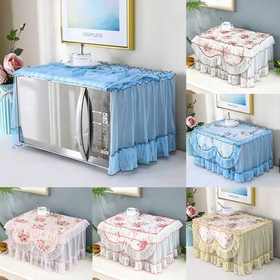 1pc Romantic Lace Microwave Dustproof Cover - High-Quality Polyester Protective Cover For Home Decor, Elegant Floral & Ruffled Design, Kitchen Decor Essentials | Decorative Microwave Cover | Decorative Kitchen Cover