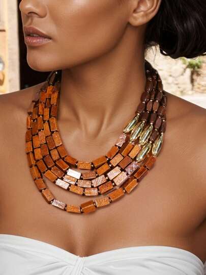 1pc Vintage Luxury Wooden Bead/Long Bead Necklace With Gold Oval Metal Layered Handmade Beaded Design For Women