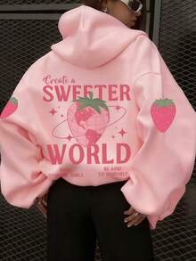 1件少女草莓标语图案圆领卫衣，休闲长袖卫衣，返校季、毕业季、开学季 - 粉色 - 查看 1