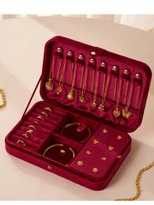 1pc Premium Velvet Zipper Jewelry Box, Earring Necklace Ring Organizer Case, Large Capacity Velvet Jewelry Storage Box, Unique Gift For Women, Suitable For Travel - Multicolor - View 3