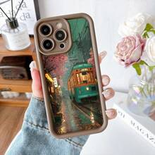 Cubierta de teléfono con borde negro diseño tren japonés en calle mojada con flores de cerezo y farolas estilo anime para uso diario y viajes - Burdeos - Ver 5