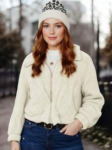 Chaqueta Bomber Casual para Mujer, con Interior Cálido, Bolsillos Amplios, Tejido con Textura, de Manga Larga y de Cuello con Solapa, Perfecto para Temporada Otoño/Invierno - Hueso - Ver 2