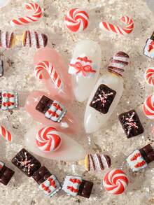 50 piezas/bolsa Decoración de uñas con temática navideña - Pegatinas 3D de bastón de caramelo, piruleta, caja de regalo de chocolate, adornos para manualidades navideñas. Juego de accesorios festivos para uñas para niñas o mujeres - Multicolor - Ver 5