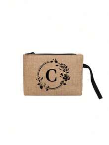 1 pieza Bolsa con cremallera de lino con estampado de letra, patrón de letra floral de moda, monedero, bolsa de cosméticos, regalo para mujeres, maestras, organizador de viaje: perfecto para exteriores y belleza, adecuado para mujeres, madres, amigas, damas de honor, estudiantes, vuelta al colegio, maestras - Caqui - Ver 19