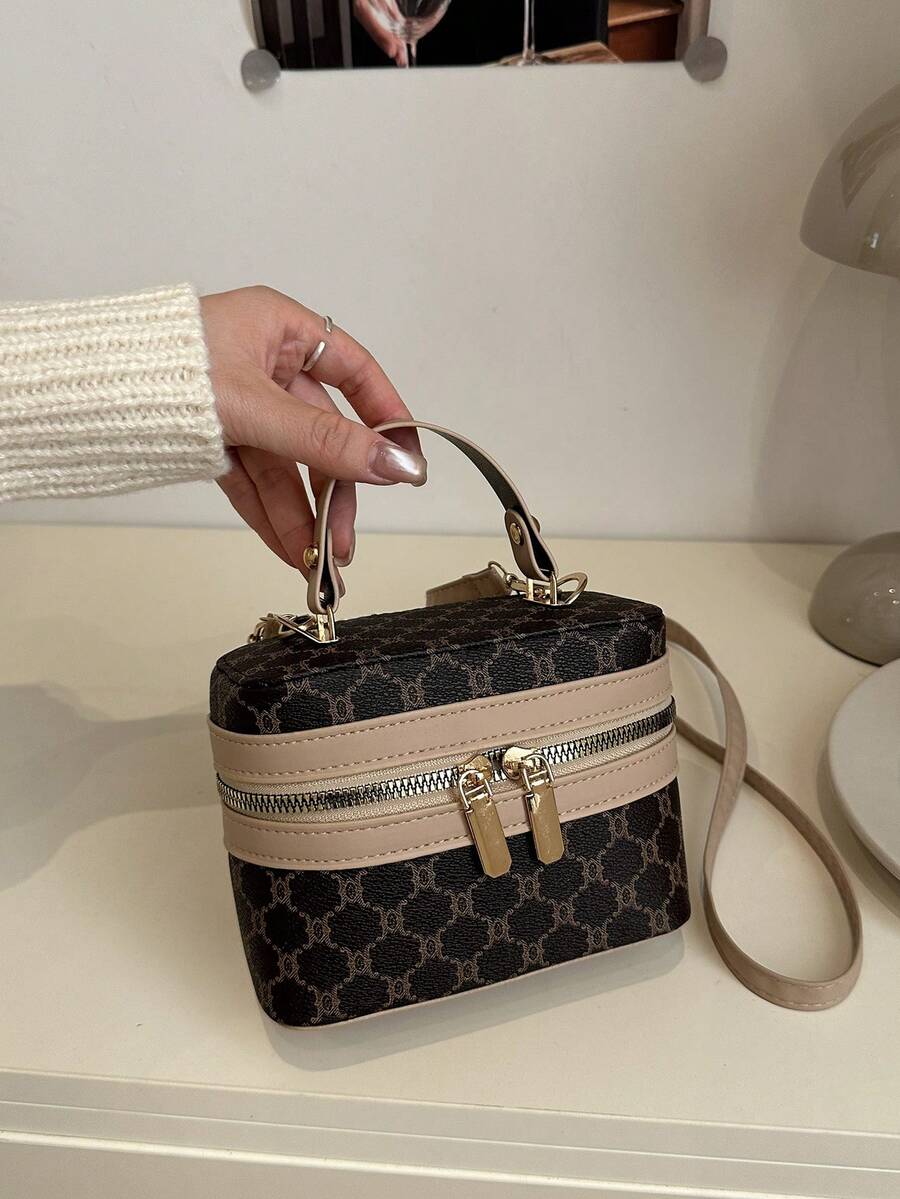Túi xách hộp nhỏ họa tiết hoa tối giản màu tương phản cổ điển dành cho nữ - Cà phê - Xem 1