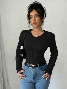 1 pezzo Maglione lavorato a maglia semplice e monocromatico, comodo e casual, adatto per l'uso all'aperto, caldo e spesso, con scollo a V, adatto per primavera, autunno e inverno, per donne e ragazze - nero - Visualizzare 3