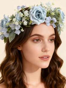 1 pieza Diadema de flores de estilo romántico, natural y de hada para novia, adecuada para playa, resort, fotografía, coronas y tocados, disfraz, guirnalda de pelo, accesorio de cabello, atuendo hawaiano para mujer, fiesta, festival, regalo, accesorio de cabello para mujer - Azul - Ver 2