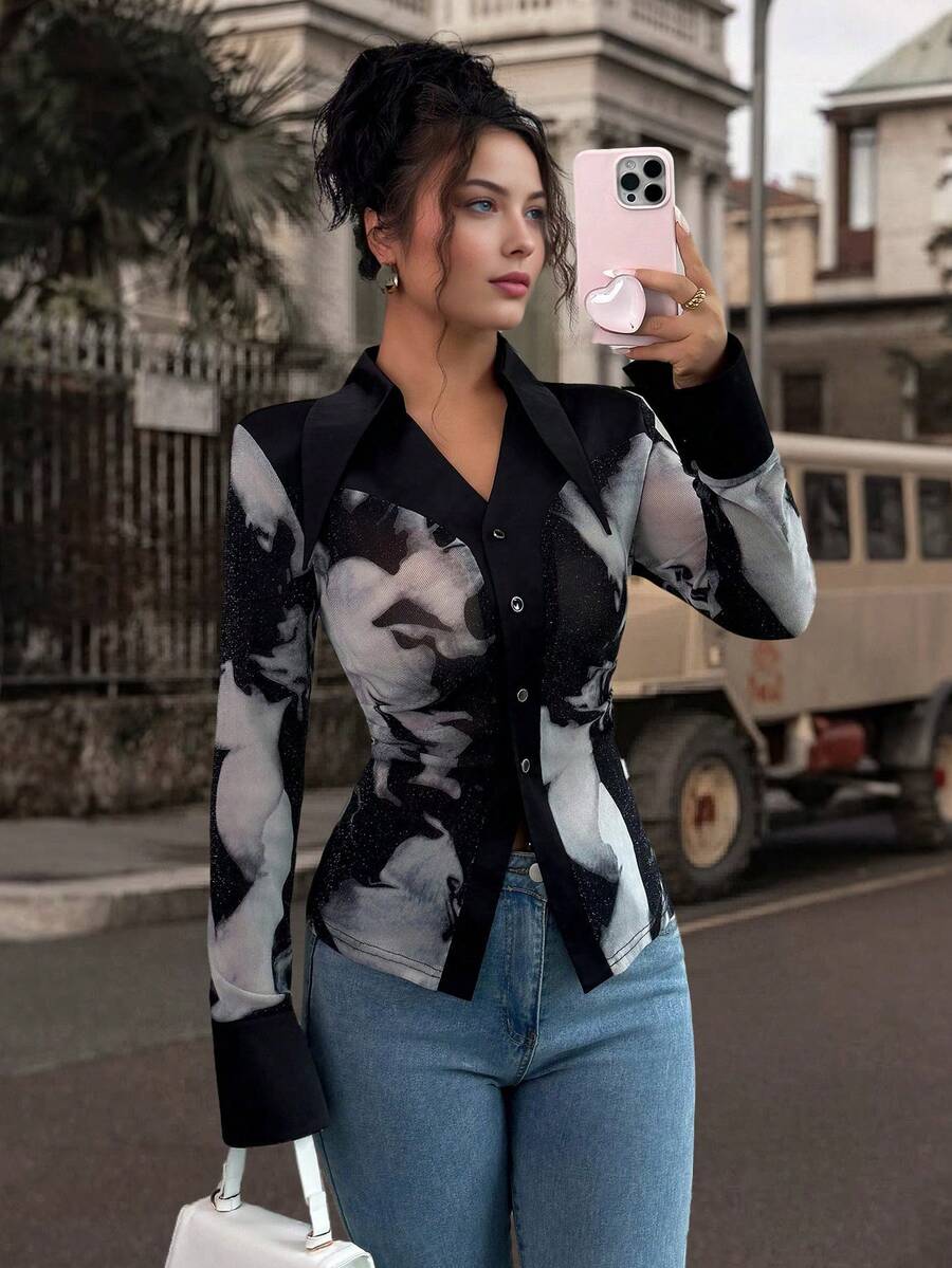 Women's Slimming Watercolor Print Mesh Patchwork Pointed Collar Blouse, Fashionable Y2K Outfits For Dating, Spring And Autumn.Casual Outfits Spring Clothes For University Fall Cloth For Women - Black - View 1