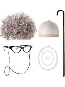 开学第100天 Cosplay 老太太服装配饰包括假发+项链+袜子+包+拐杖 趣味道具 嘉年华 生日恶作剧玩具 - 紫色 - 查看 5