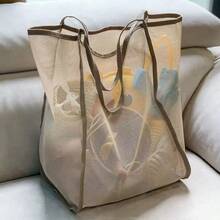 Strandtasche - Oversized faltbare Mesh-Handtasche, strapazierfähiger Polyester-Aufbewahrungsbeutel, geeignet für Muscheln, Kleidung und Handtücher, Design ohne Verschluss und lackierte Kanten, weiß, stabiles Tragegriff-Design, sichtbarer Inhaltszugriff