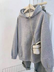 素色連帽套頭運動衫，可愛女款Y2K連帽衫，秋季女裝返校休閒風 - 灰色 - 查看 2