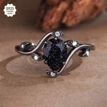 6*8mm/2ct Natural Lapis Lazuli & Moissanite Accented Pear-Shaped Galaxy Silver Ring, Elegant & Fashionable Women's Ring Suitable For Vacation, Party, Festival, Valentine's Day, Date, Daily Wear - Black - View 5
