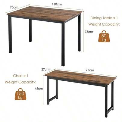 3 PCS Dining Table Set, Dining Table &Amp; 2 Benches For 2-4 Persons W/Anti-Rust Metal Frame, Breakfast Table Furnitur...