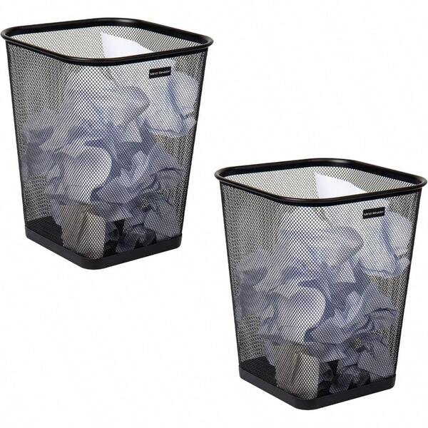 Mesh Trash Can Waste Paper Basket Square Office Metal Mesh 9.75" L X 9.75" W X 12.25" H Set Of 2 Black
