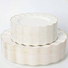 HIGH END Pcs White Wave Plastic Plates With Gold Trim, Fancy Disposable Plate Sets Include 50 Dinner 50 Dessert Plastic Plates, Elegant Disposable Plate Set, Thanksgiving 50 Guests - Ngà voi - Xem 1
