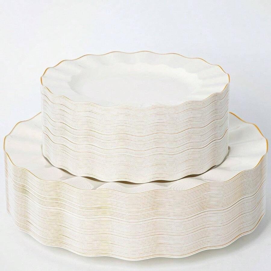 HIGH END Pcs White Wave Plastic Plates With Gold Trim, Fancy Disposable Plate Sets Include 50 Dinner 50 Dessert Plastic Plates, Elegant Disposable Plate Set, Thanksgiving 50 Guests - Ngà voi - Xem 1