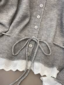 JIANHU 抽绳腰带开衫，秋冬圆领纽扣开衫，蕾丝荷叶边下摆，舒适休闲，适合咖啡约会和圣诞派对，保暖百搭，也适合圣诞节、新年派对和日常穿着。 - 灰色 - 查看 5