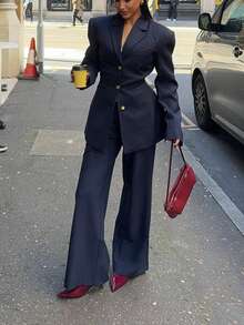 Women's Vintage Lapel Button Front Long Sleeve, Belted Jacket Suit Set - Brown Spring - Navy Blue - View 5