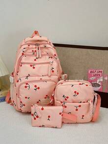 Conjunto de 3 peças de mochila dobrável de nylon rosa com estampa de morango, laço e cereja, com cordão, zíper e grande capacidade. Ideal para uso diário, faculdade, treinos, escola, compras e viagens. Perfeita para mulheres, estudantes, treinos, escola e viagens. - Rosa - Ver 4