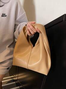 1pc Of New Autumn And Winter Retro Maillard Brown Retro PU Handbag, Simple Style Women's Tote Bag, Suitable For Commuting With Windbreakers - Khaki - View 8