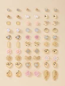 Set de 30 de perechi de cercei asortați cu flori drăguțe, inimă, lacrimă, lună și perle artificiale, bijuterii la modă pentru cadouri de zi cu zi și de sărbători - Multicolor - Vizualizare 7