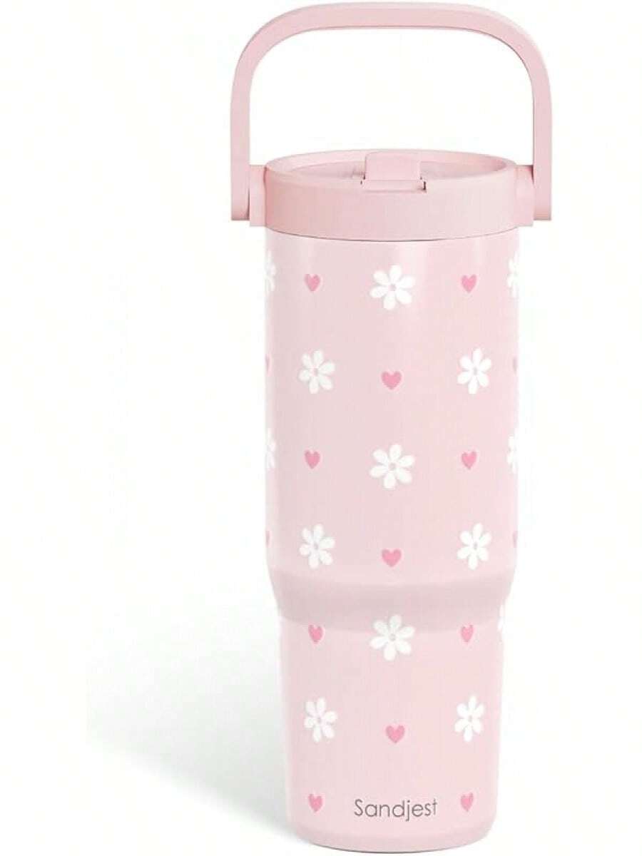 Pink Bow Stainless Steel Straw Lid Tumbler 30oz With Carry Handle For Women Girls, Insulated Travel Coffee Cup, Gift For Sports Outdoor Workout Christmas Birthday - 雛菊 1 - 查看 1