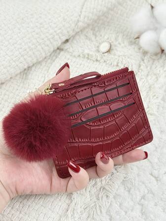 With A Pom-Pom Charm,Red Embossed Zipper PU Portable Zipper Ultra-Thin Minimalist Small 6-Card Pack,Multi-Card Purse, Fashion Men'S And Women'S Short Wallet Simple Daily Use