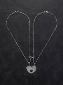 2件套时尚镂空心形字母不锈钢吊坠项链，可调节扣环，适合情侣日常佩戴，情人节送给男友/女友的礼物 - 銀色 - 查看 5