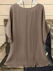 女士休闲度假纯色圆领蝙蝠袖衬衫 - 卡其色 - 查看 2