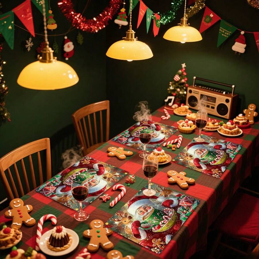 1pc/4pcs/6pcs Santa Patterned Placemats, Machine-Washable Rectangular Polyester Placemats, Table Guards, Heat-Insulating Placemats, Restaurant Table Decorations, Party Supplies, And Christmas Decorations Can All Be Given As Gifts