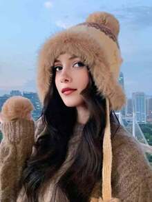 1 件女士纯色秋冬针织帽，带可爱绒球，小头围，耳暖，适合日常佩戴 - 彩色 - 查看 6